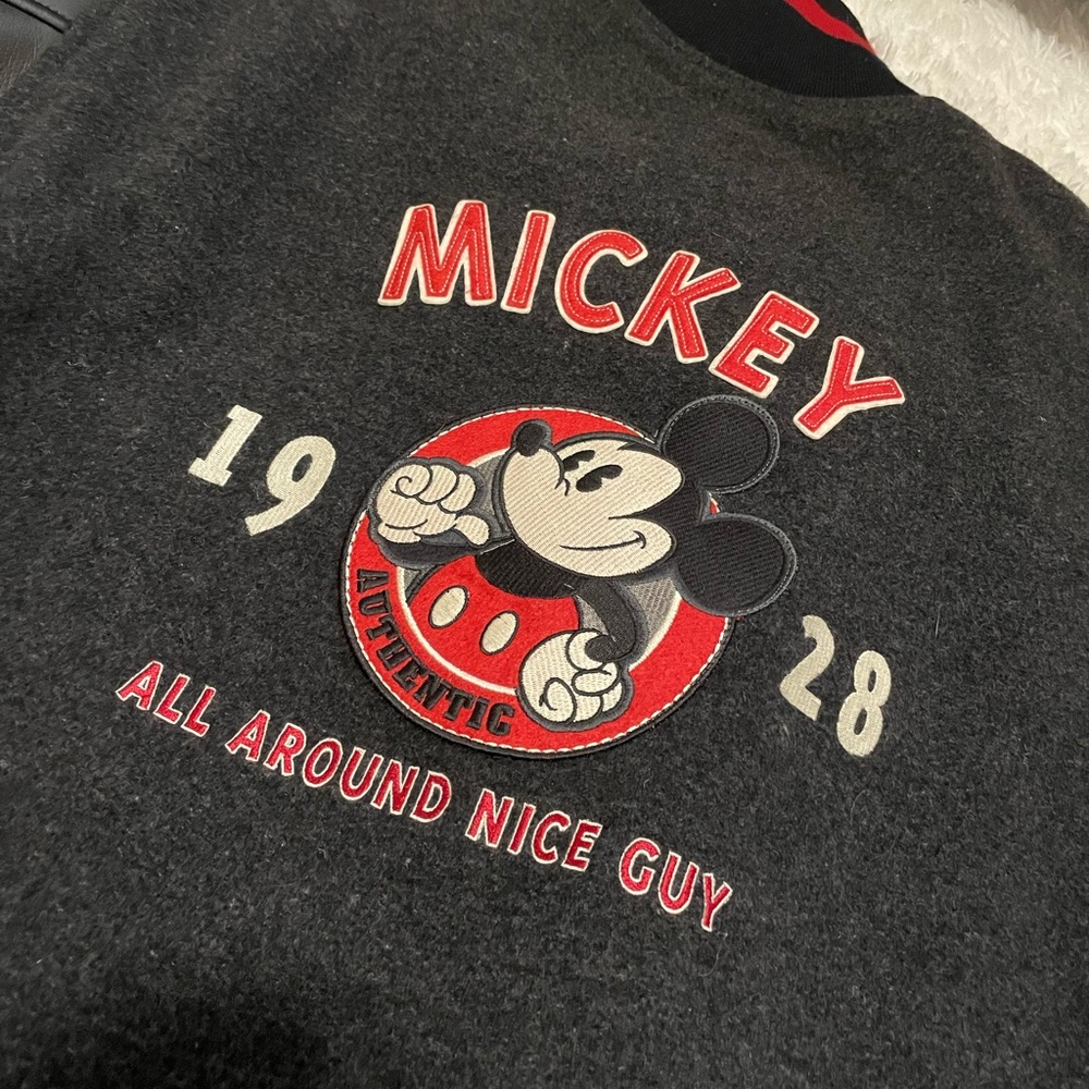 vintage mickey mouse leather sleeves bomber jacket
